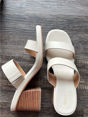 Quince Women's Cream Double-Strap Block Heel Mules, Italian Leather, New in Box!
